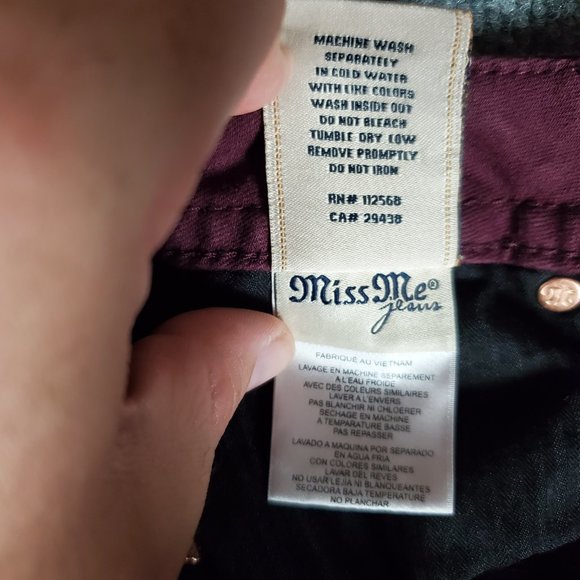 Miss Me Mid Rise Skinny 25 (Meas 26x29 7" Low Rise) Burgundy Denim EUC Jeans A21 - Picture 9 of 9